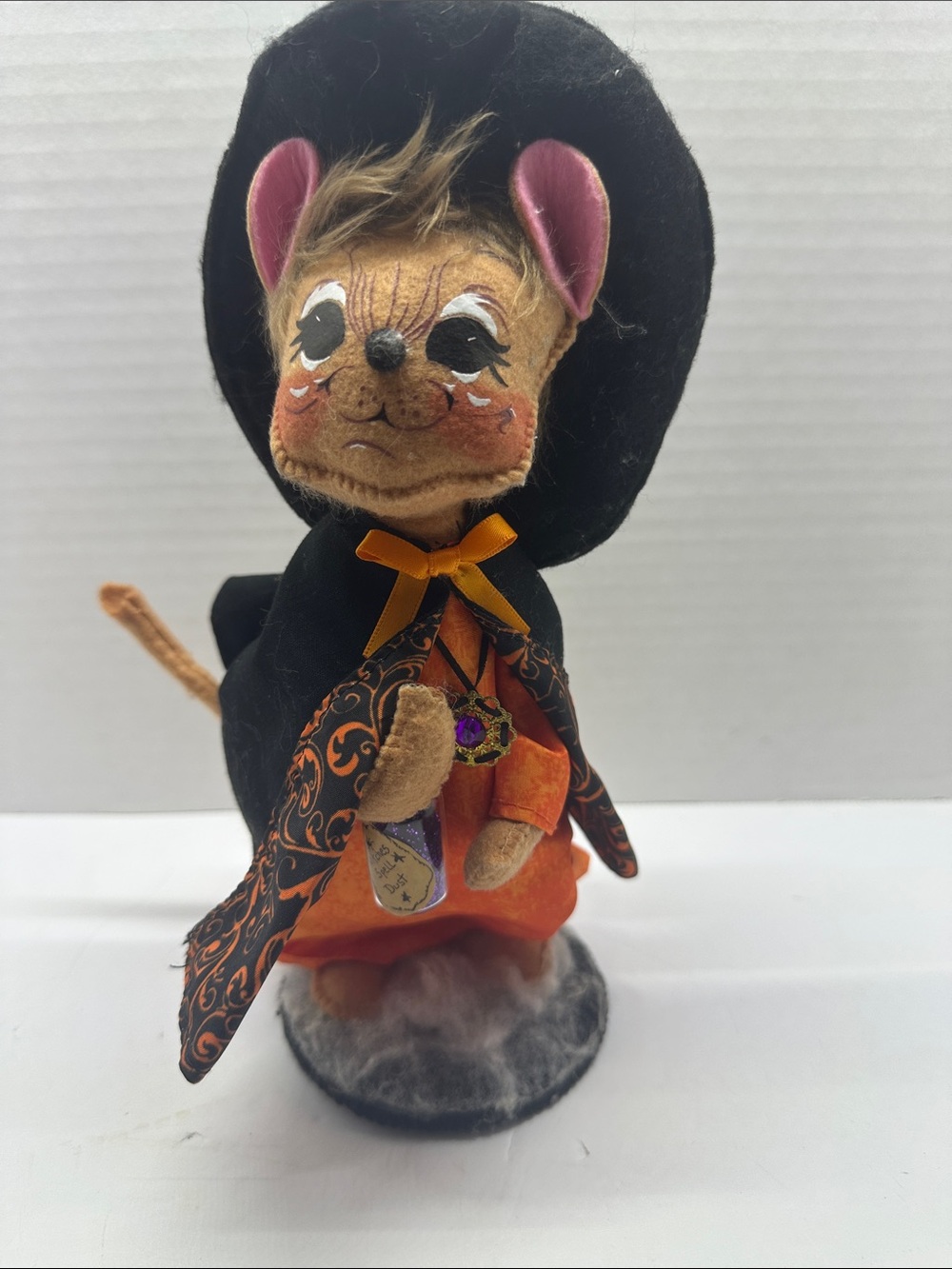 Annalee Black & Orange Halloween Cat Witch Figurine with Pink Ear Accents